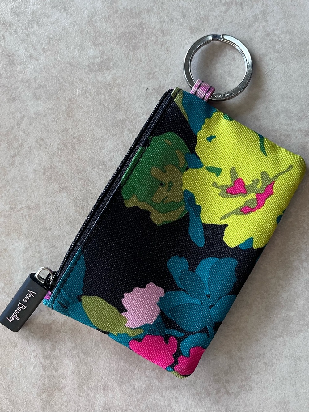 Vera Bradley Black Floral Zip Key Pouch with Multicolor Blooms